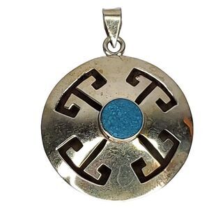 Vintage Southwestern Mexican Silvertone Pendant Faux Turquoise 1 3/4"